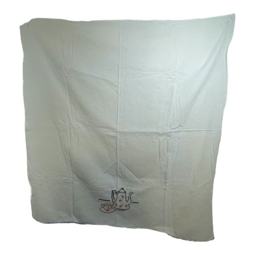 Vintage Embroidered Tablecloth Coffee Pot Design White Cotton 33" x 35"